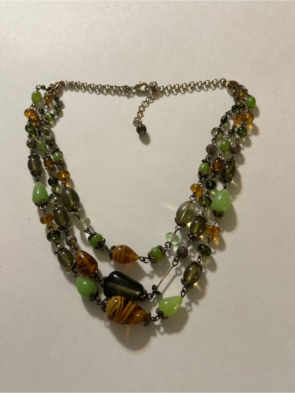 Multi Strand Green Amber Glass Bead Layered Statement Necklace Gold Tone Boho